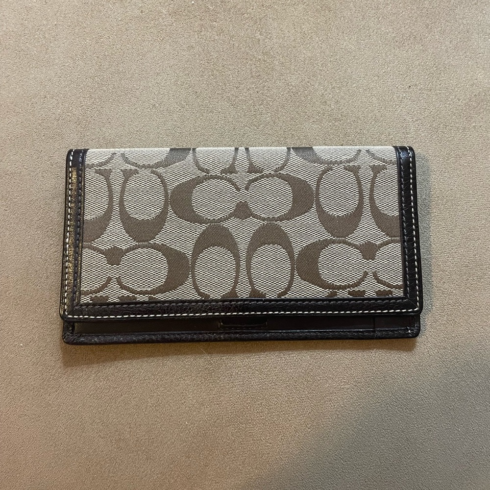 Vintage Coach Signature Beige and Brown Monogram Checkbook with Leather Interior